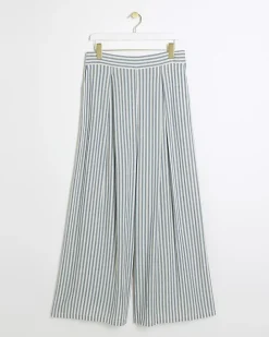 Blue linen blend stripe wide leg trousers