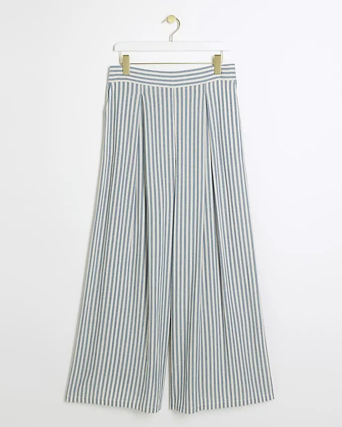 Blue linen blend stripe wide leg trousers