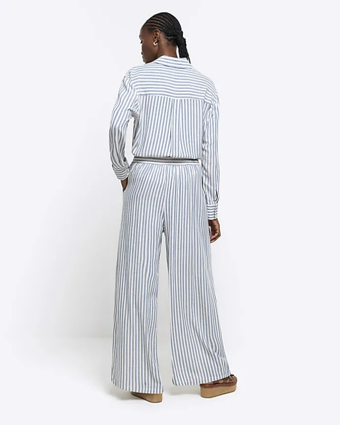 Blue linen blend stripe wide leg trousers