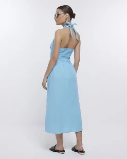 Blue linen halter neck midi dress