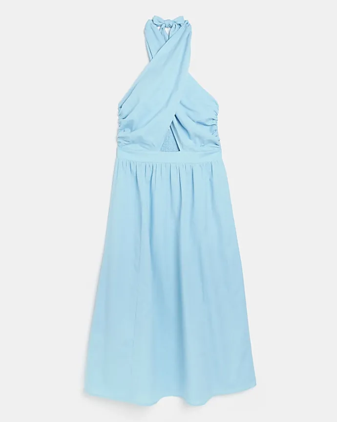 Blue linen halter neck midi dress