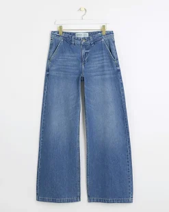 Blue mid rise baggy wide leg jeans
