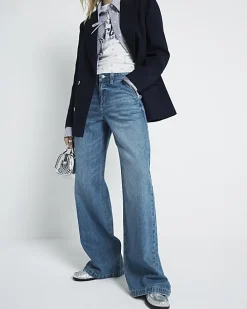 Blue mid rise baggy wide leg jeans
