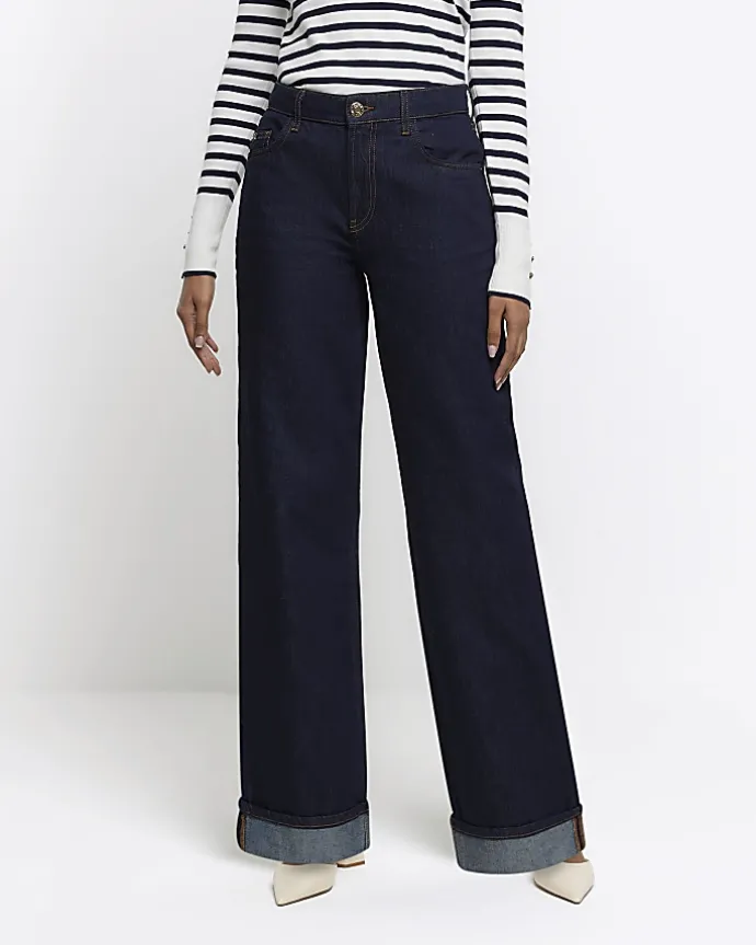 Blue mid rise loose baggy jeans