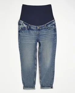 Blue mid rise maternity mom jeans