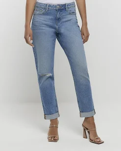 Blue mid rise relaxed straight jeans