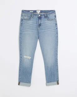 Blue mid rise relaxed straight jeans