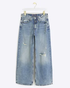 Blue mid rise ripped wide leg jeans
