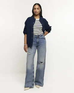 Blue mid rise ripped wide leg jeans