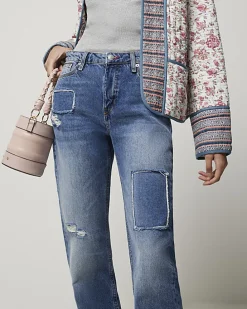 Blue patch stove pipe straight jeans