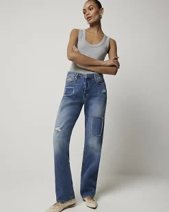 Blue patch stove pipe straight jeans