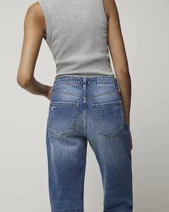 Blue patch stove pipe straight jeans