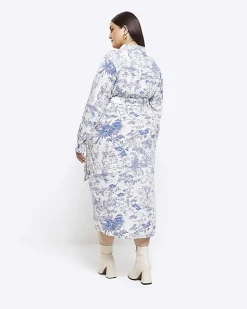 Blue printed shirt midi dress