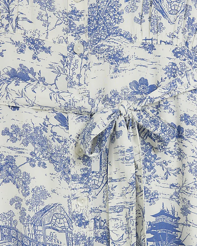 Blue printed shirt midi dress