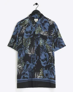 Blue regular fit floral short sleeve shirt