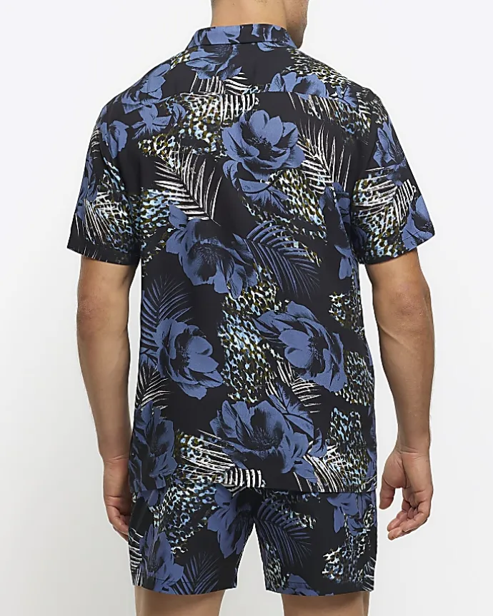 Blue regular fit floral short sleeve shirt