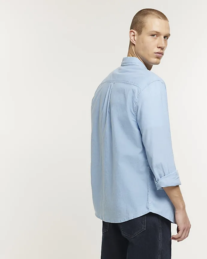 Blue regular fit linen blend shirt