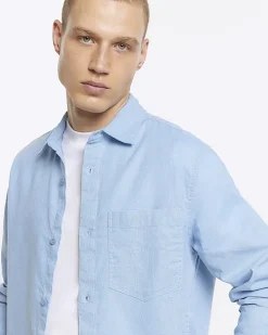 Blue regular fit linen blend shirt