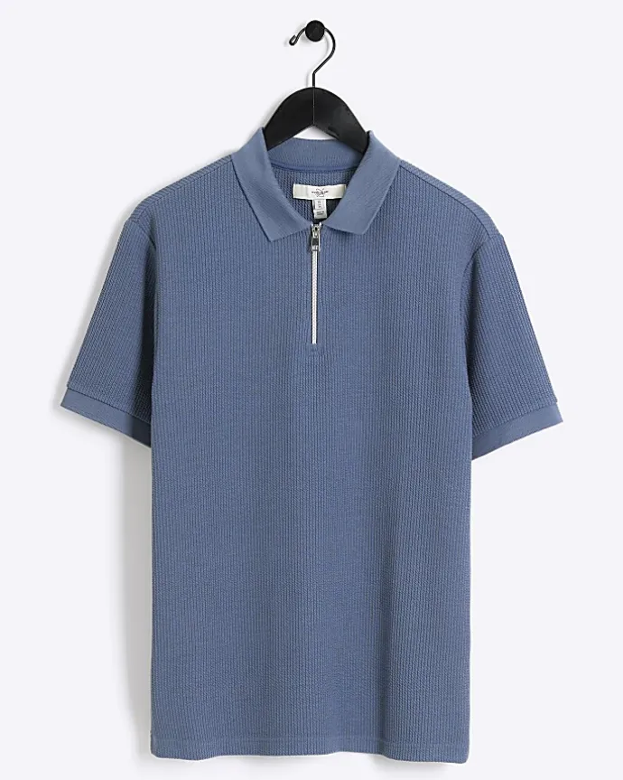 Blue Regular Fit Textured Zip Neck Polo