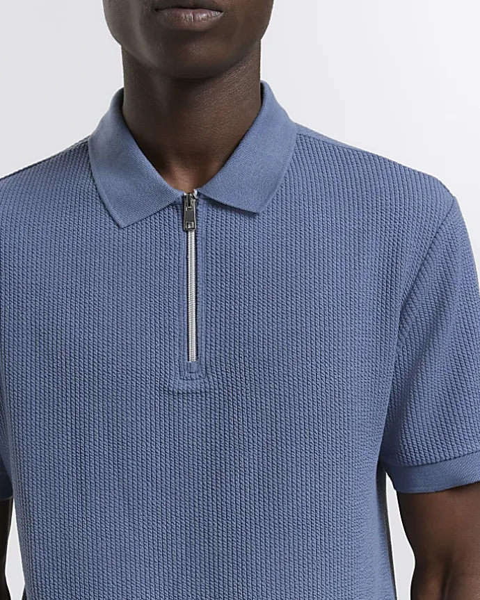 Blue Regular Fit Textured Zip Neck Polo