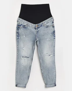 Blue ripped mid rise maternity mom jeans