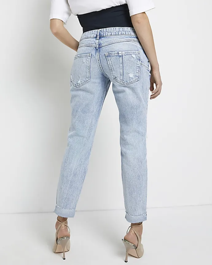 Blue ripped mid rise maternity mom jeans