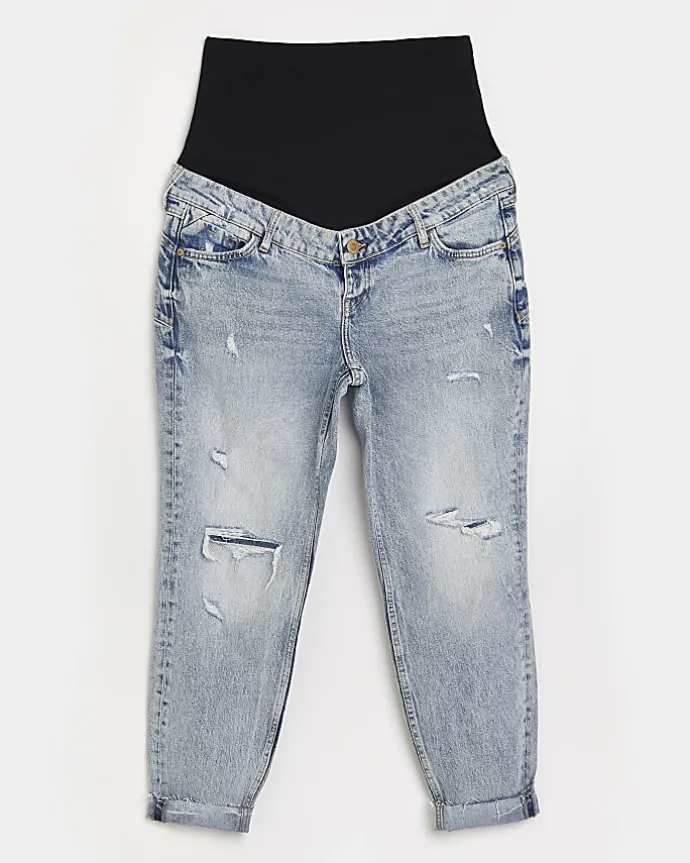 Blue ripped mid rise maternity mom jeans