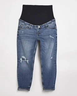 Blue ripped mid rise maternity mom jeans