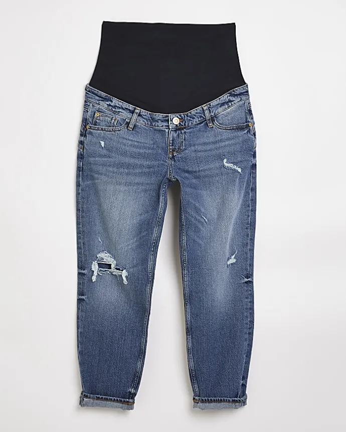 Blue ripped mid rise maternity mom jeans