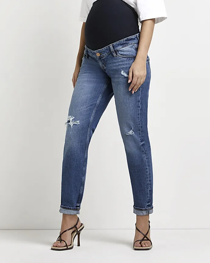 Blue ripped mid rise maternity mom jeans
