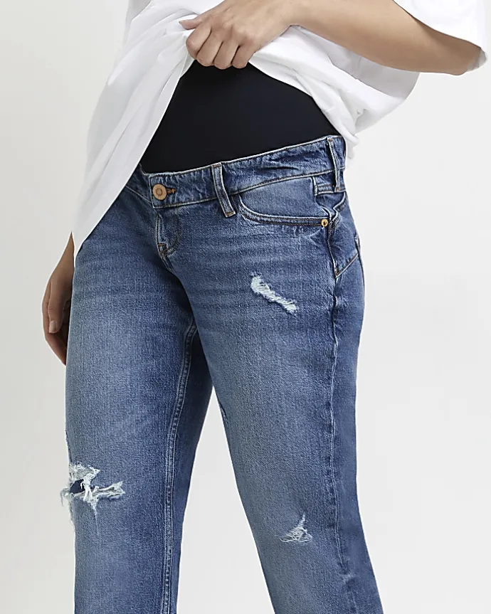 Blue ripped mid rise maternity mom jeans