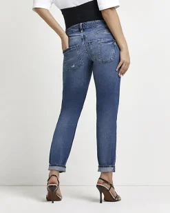 Blue ripped mid rise maternity mom jeans