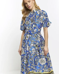 Blue satin floral belted midi shirt dress