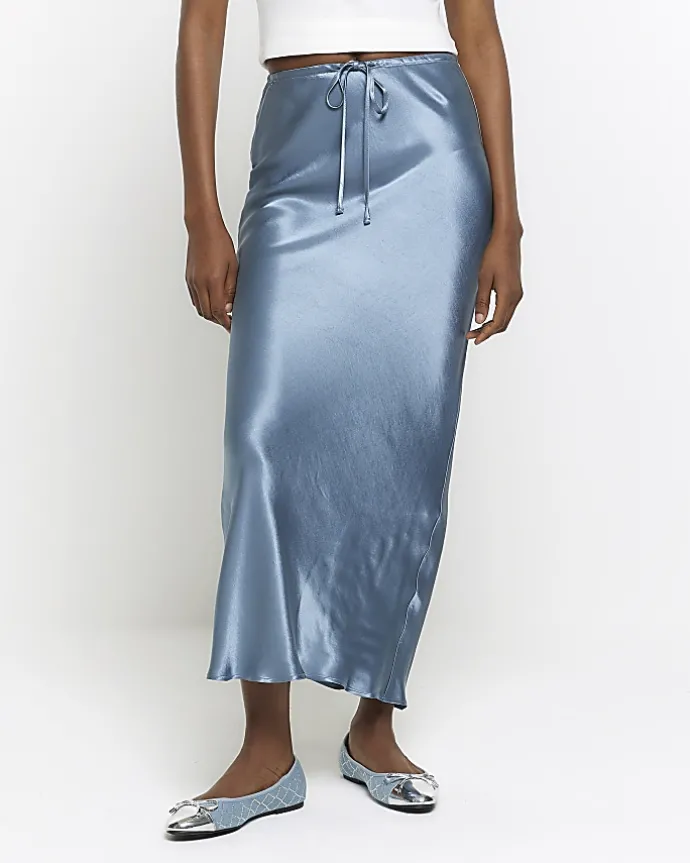 Blue satin tie waist midi skirt