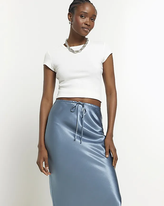 Blue satin tie waist midi skirt
