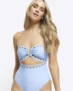 Blue scallop hem bandeau swimsuit