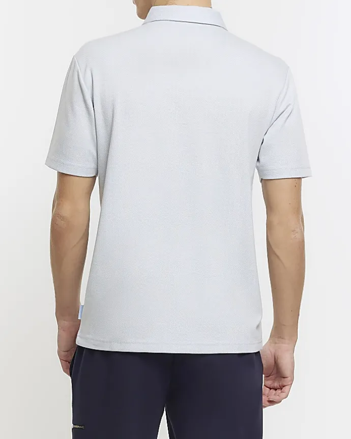 Blue slim fit herringbone zip polo shirt