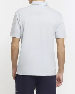Blue slim fit herringbone zip polo shirt
