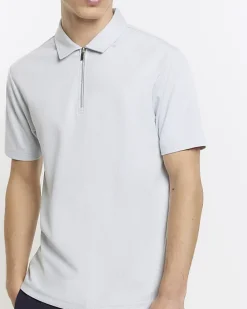 Blue slim fit herringbone zip polo shirt