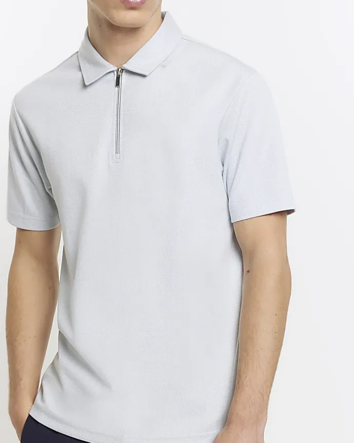 Blue slim fit herringbone zip polo shirt