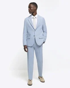 Blue slim fit textured suit jacket