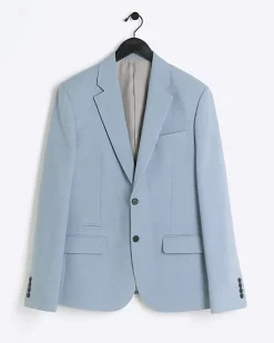 Blue slim fit textured suit jacket