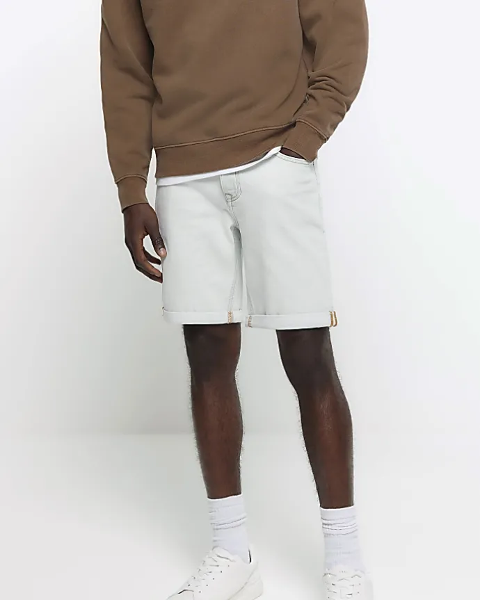 Blue slim fit turned hem denim shorts