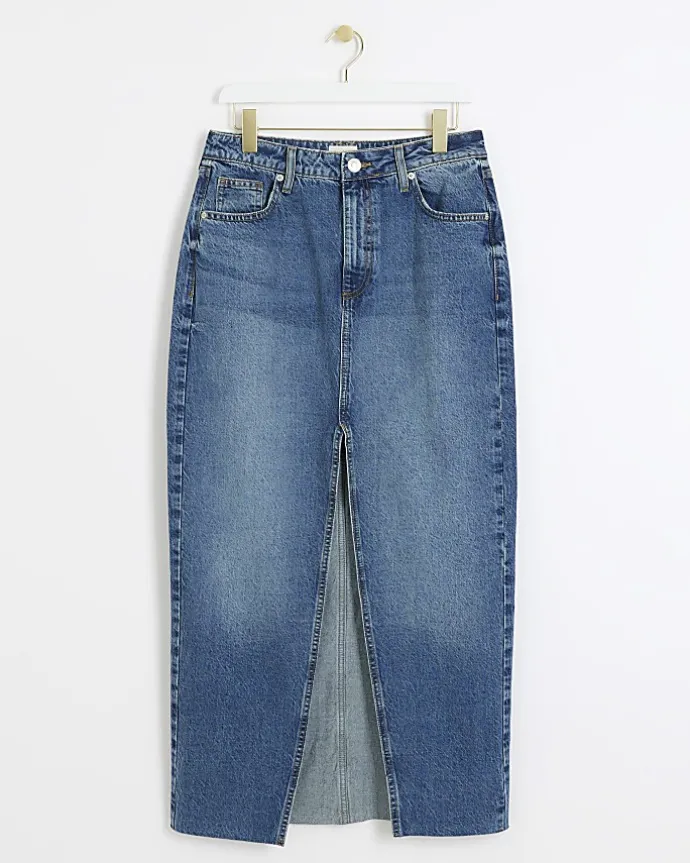 Blue split hem denim maxi skirt