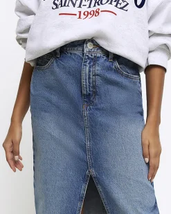Blue split hem denim maxi skirt