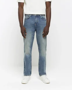 Blue straight fit faded jeans