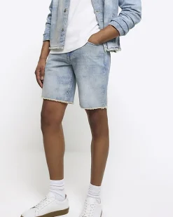 Blue straight fit raw hem denim shorts