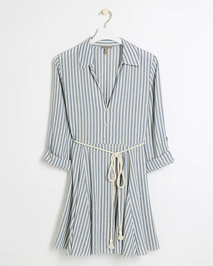 Blue stripe tie waist mini shirt dress