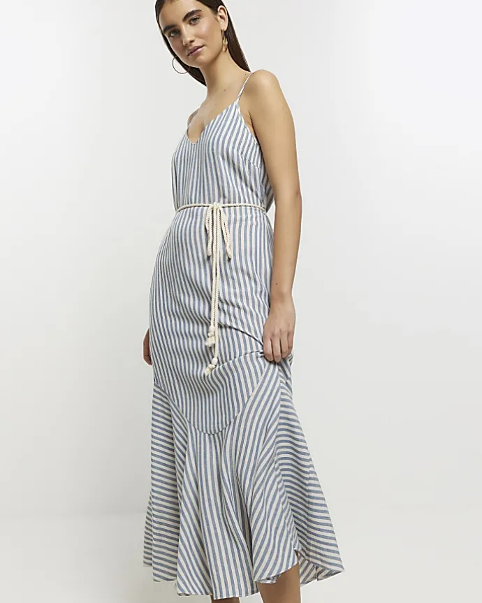Blue stripe tie waist slip midi dress