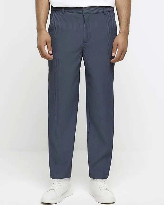 Blue tapered fit plisse smart trousers